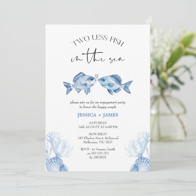 Modern Blue Two Less Fish In The Sea Engagement Invitation (Standing Front)