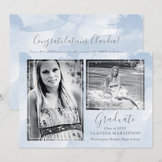 Modern Blue Two Photo Graduation Announcement (Front/Back)