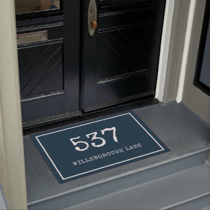 Modern Blue Typewriter House Number Street Doormat
