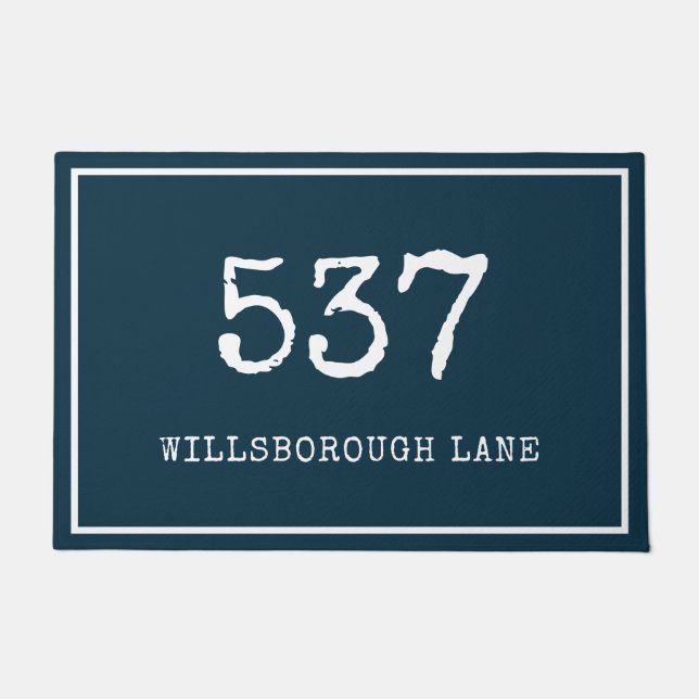 Modern Blue Typewriter House Number Street Doormat (Front)