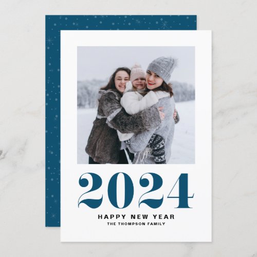Modern Blue Typography 2024 Happy New Year Photo Holiday Card