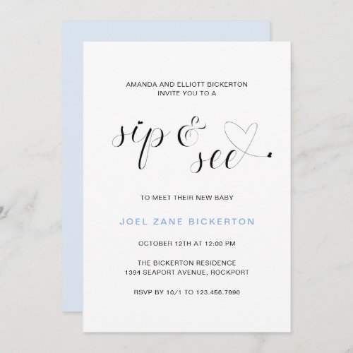 Modern Blue Typography Boy Sip and See Invitation