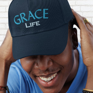 Modern Blue Typography Grace Life Monogram  Embroidered Baseball Cap