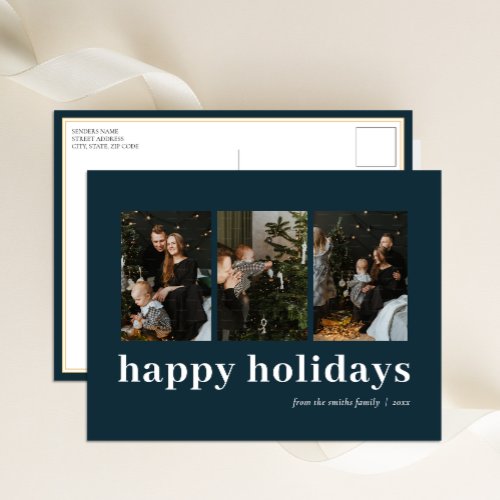 Modern Blue Typography Happy Holidays 3 Photo Holiday Postcard