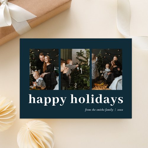 Modern Blue Typography Happy Holidays Photo Holiday Card