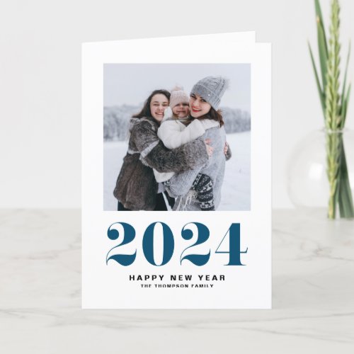 Modern Blue Typography Happy New Year 2024 Photo Holiday Card