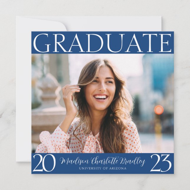 Modern Blue Typography Photo Graduation Invitation (Front)