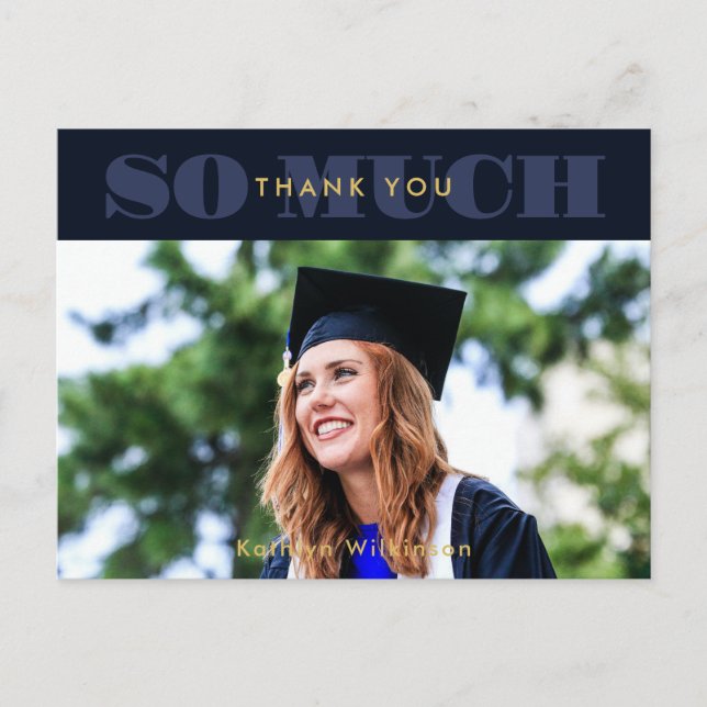 Modern Blue Typography Photo Graduation Thank You Postcard (Front)