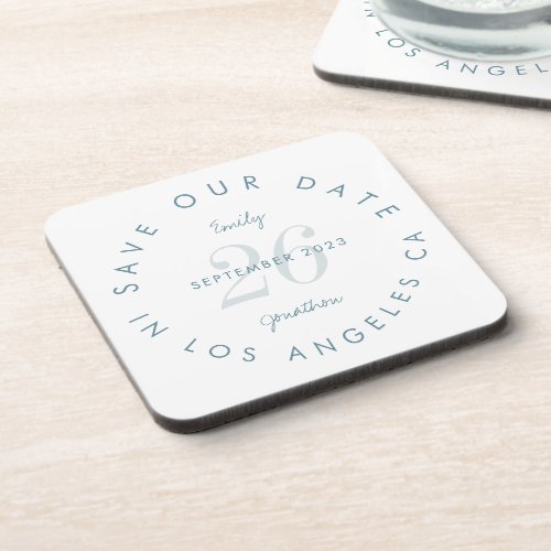 Modern Blue Typography Save The Date Beverage Coaster