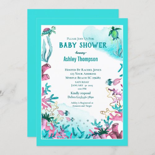 Modern Blue Under the Sea  Baby Shower     Invitation