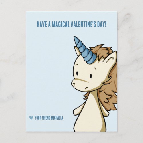 Modern Blue Unicorn Classroom Valentines Day Holiday Postcard