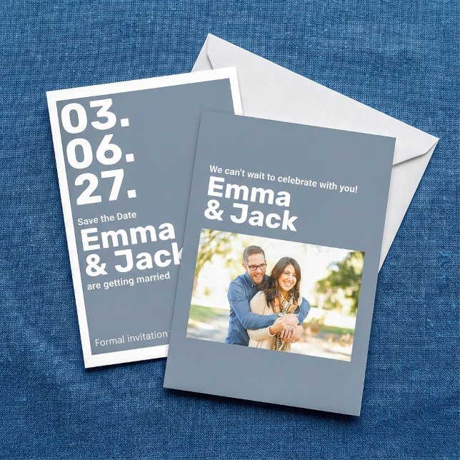 Modern Blue Vertical Date Wedding Save The Date (Modern Blue Vertical Date Wedding Save The Date.)