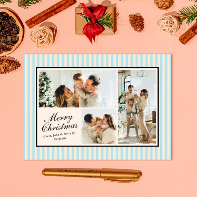 Modern Blue Vertical Stripe 3 Photo Christmas Holiday Card (Creator Uploaded)