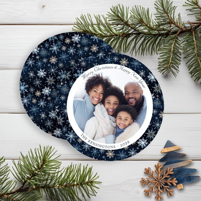 Modern Blue Vintage Snowflakes Christmas Photo Holiday Card (Modern Blue Vintage Snowflakes Christmas Photo Holiday Card in a Round Circle Shape)