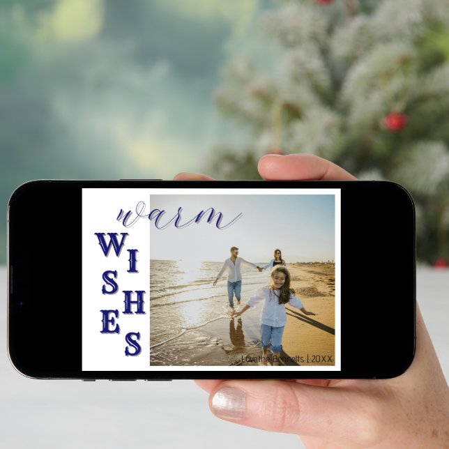 Modern Blue Warm Wishes Two Beach Family Photo Holiday Card (Front Digital)