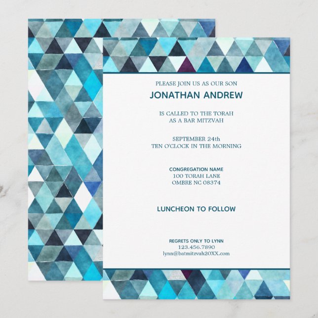 Modern Blue Watercolor Abstract Bar Mitzvah Invitation (Front/Back)