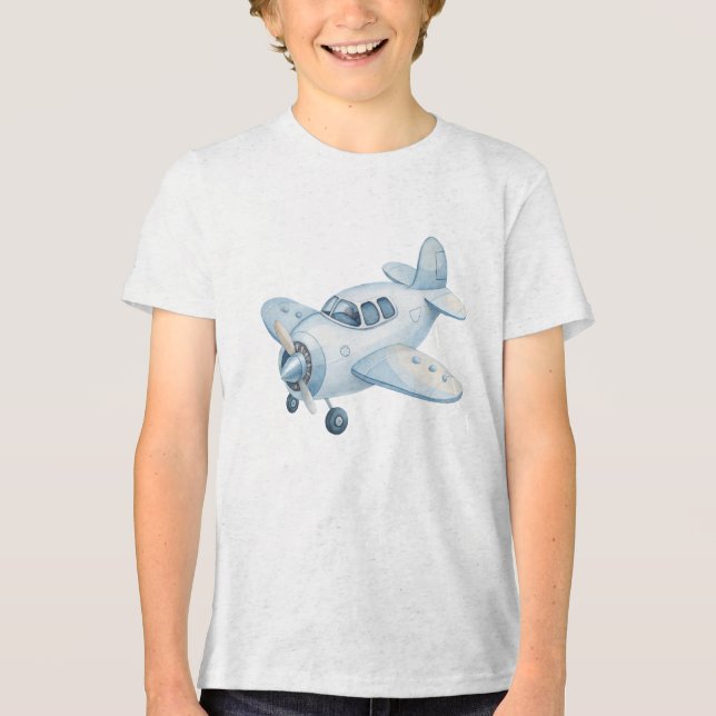 Modern Blue Watercolor Airplane Propeller Plane  Tri-Blend Shirt (Front)