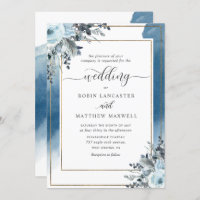 Modern Blue Watercolor and Blue Floral Wedding Invitation