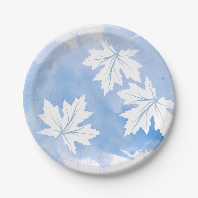 Modern blue watercolor and maple leaves paper plates (Front)