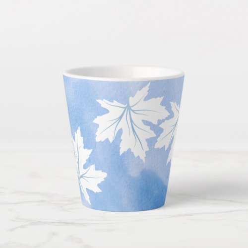 Modern blue watercolor and white maple leaves latte mug