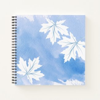 Modern blue watercolor and white maple leaves notebook