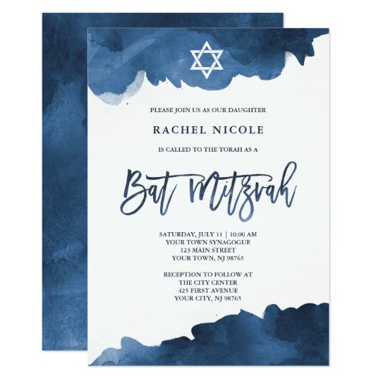 Modern Blue Watercolor Bat Mitzvah Invitation Zazzle Modern Blue Watercolor Bat Mitzvah Invitation
