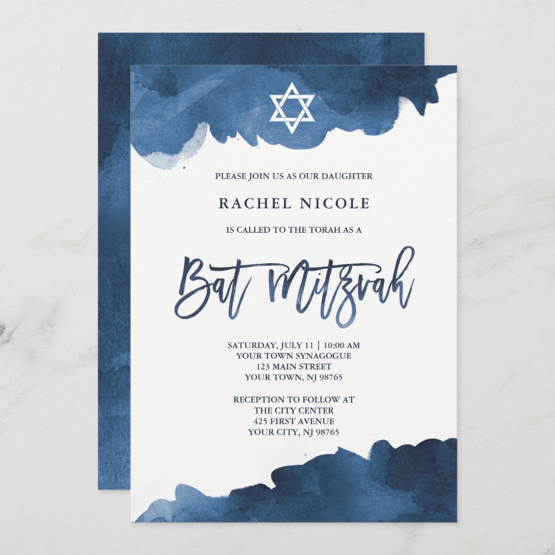 Modern Blue Watercolor | Bat Mitzvah Invitation | Zazzle