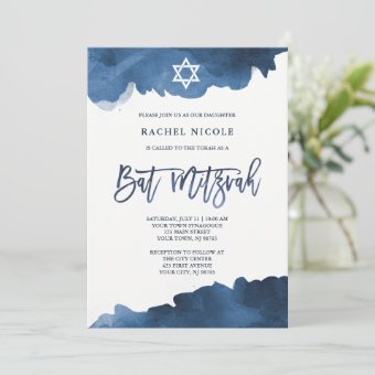 Modern Blue Watercolor | Bat Mitzvah Invitation | Zazzle