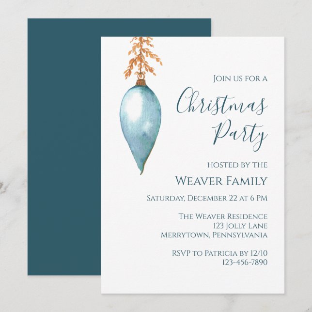 Modern Blue Watercolor Bauble Christmas Party Invitation (Front/Back)
