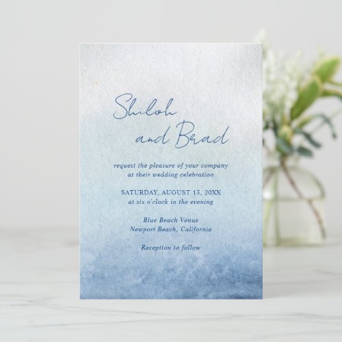 Modern Blue Watercolor Beach Elegant Wedding Invitation