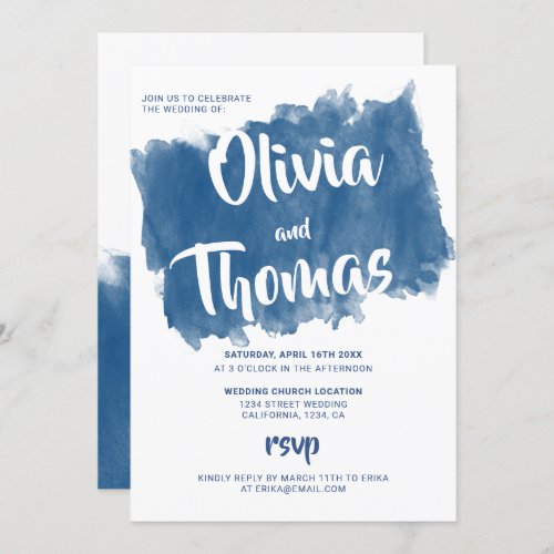 Modern blue watercolor bold script names  wedding invitation