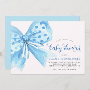 Modern Blue Watercolor Bow Ribbon Boy Baby Shower Invitation