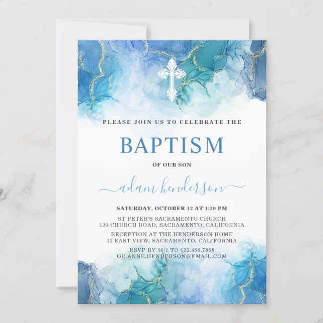 Modern Blue Watercolor Boy Baptism Invitation | Zazzle