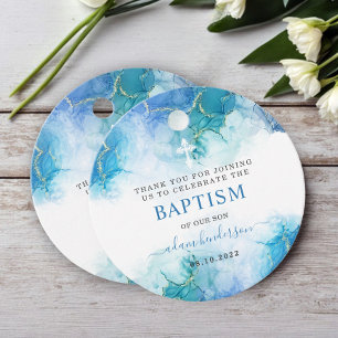 Modern Blue Watercolor Boy Baptism Thank You Favor Tags