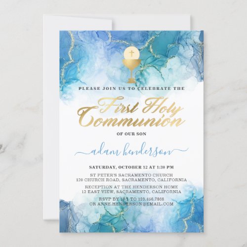 Modern Blue Watercolor Boy First Holy Communion Invitation