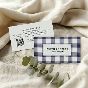 Modern Blue Watercolor Buffalo Plaid QR CODE Business Card