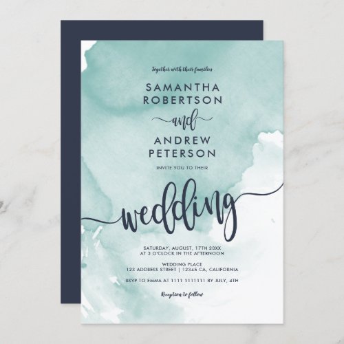 Modern blue watercolor calligraphy script wedding invitation