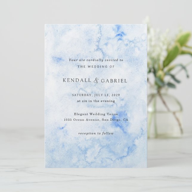 Modern Blue Watercolor Elegant Wedding Invitation (Standing Front)