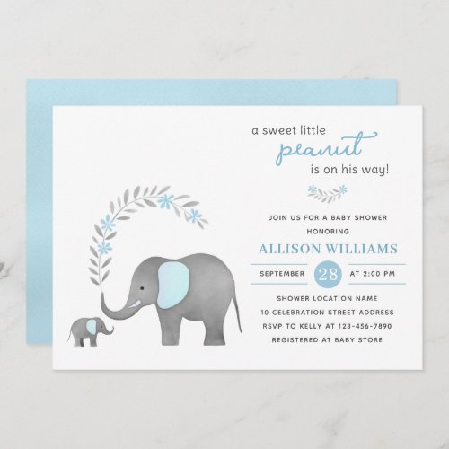 Modern Blue Watercolor Elephant Boy Baby Shower  Invitation
