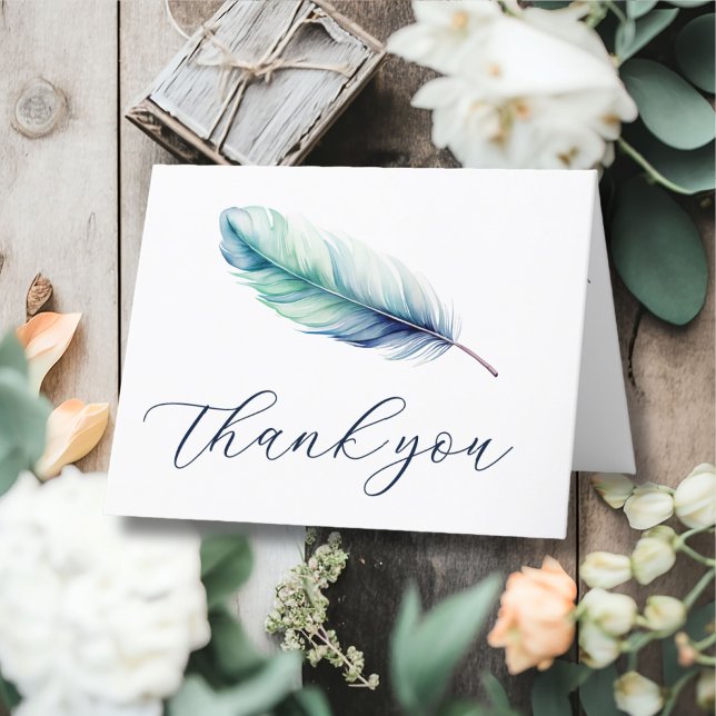 Modern Blue Watercolor Feather Wedding Thank You Card (Creator Uploaded)