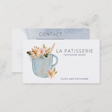 Modern Blue Watercolor Floral Bakery Pastry Chef Business Card
