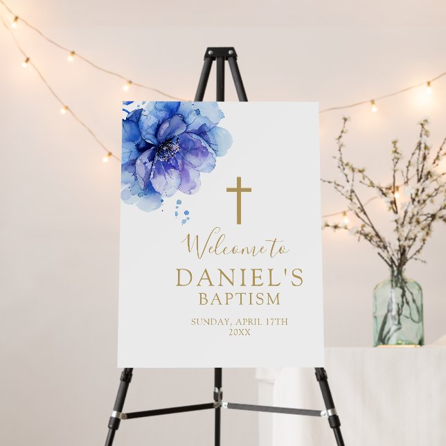 Modern Blue Watercolor Floral Baptism Welcome Sign (In Situ (Stand))