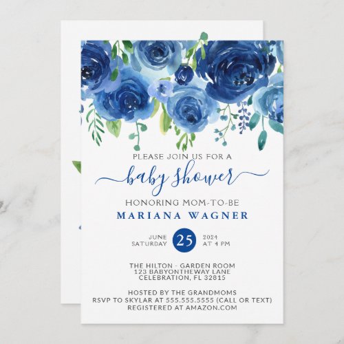Modern Blue Watercolor Floral Boy Baby Shower Invitation