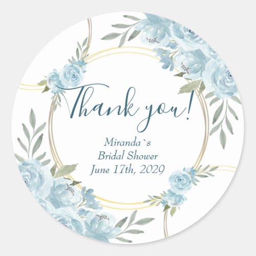 Modern Blue Watercolor Floral Bridal Shower Classic Round Sticker