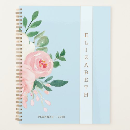Modern Blue Watercolor Floral Chic Personalized Planner