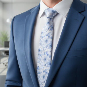 Modern Blue Watercolor Floral Pattern Neck Tie