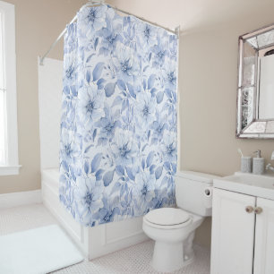 Modern Blue Watercolor Floral Pattern Shower Curtain
