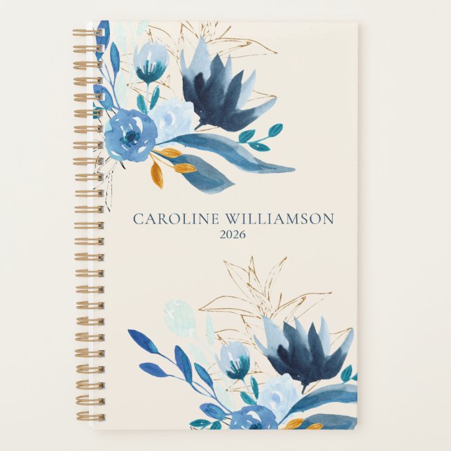 Modern Blue Watercolor Floral Personalized 2022 Planner (Front)