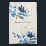 Modern Blue Watercolor Floral Personalized Kitchen Towel<br><div class="desc">Beautiful and stylish watercolor flower painting in blue and gold,  personalized with your name.</div>