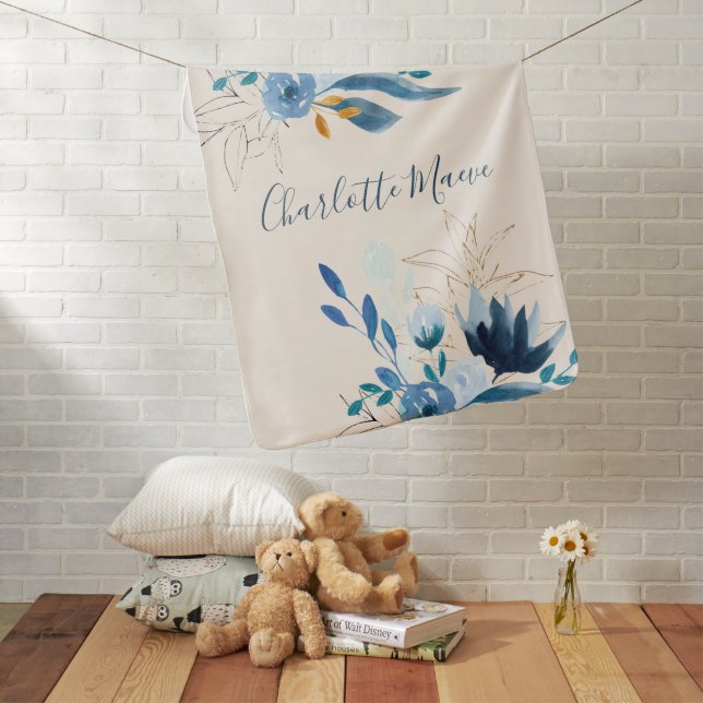 Modern Blue Watercolor Floral Personalized Name Baby Blanket (In Situ)